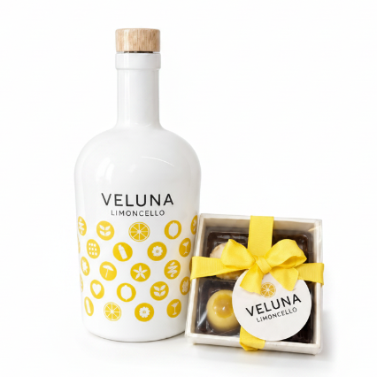 VELUNA Limoncello Geschenkset mit handgemachten Pralinen aus Köln. Eine besondere Geschenkidee für Limoncello- und Schokoladenliebhaber. mit vier verschiednene sorten